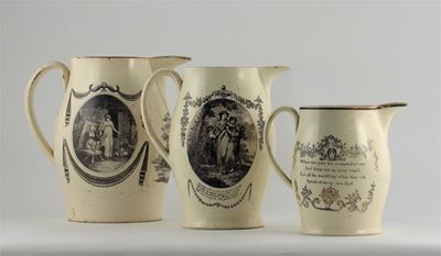 Appraisal: Three creamware jugs printed in black one with religious figures