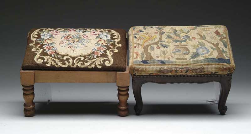 Appraisal: TWO NEEDLEWORK STOOLS Carved French design with tapestry type covering