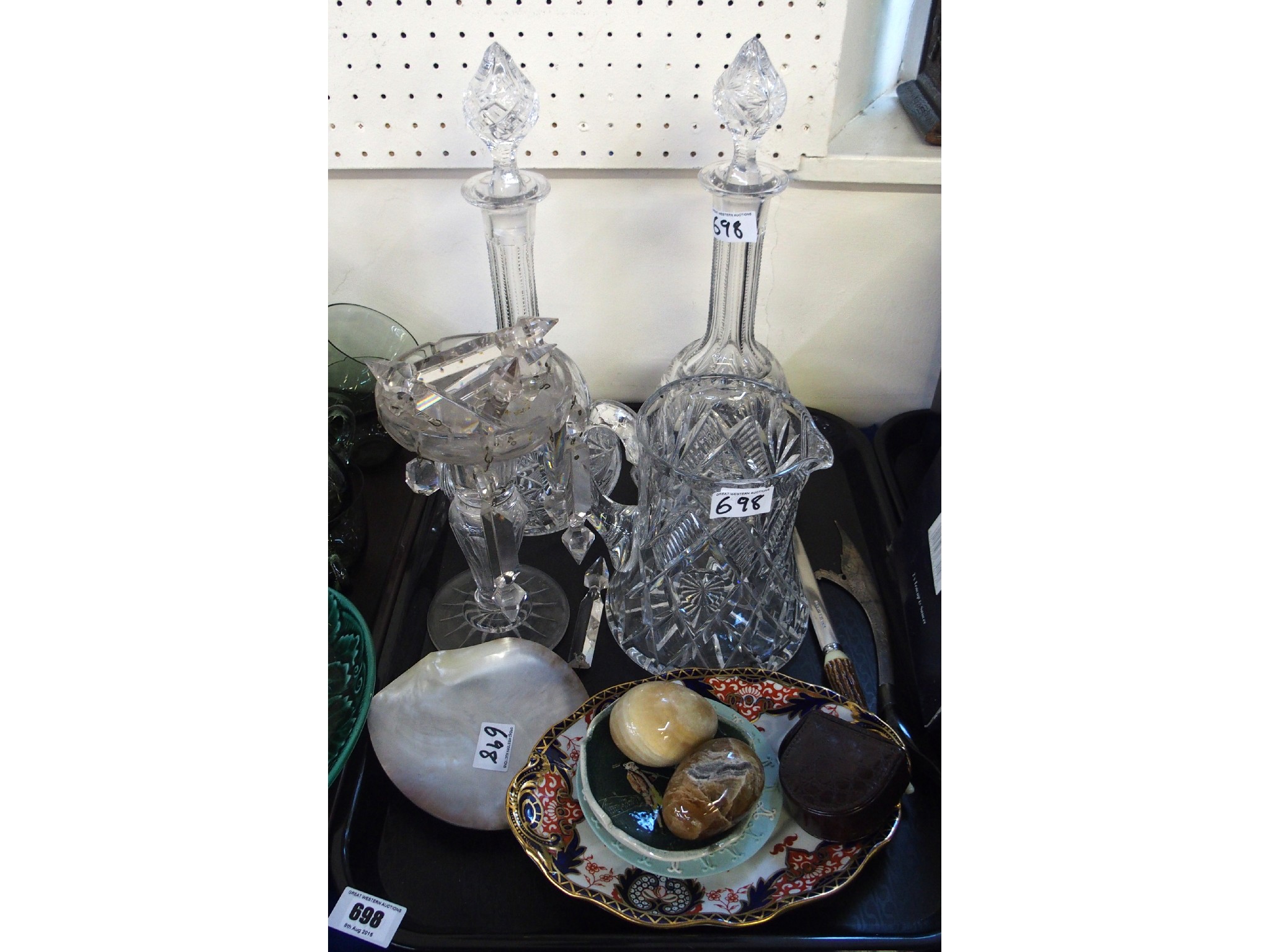 Appraisal: Tray comprising two cut glass decanters glass jug and candlestick