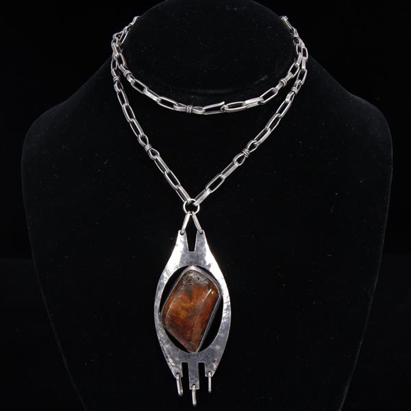 Appraisal: Sterling Silver Modernist Necklace with Amber Pendant