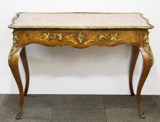 Appraisal: French Bureau Plat Table with Marquetry Ormolu French Louis XV-style