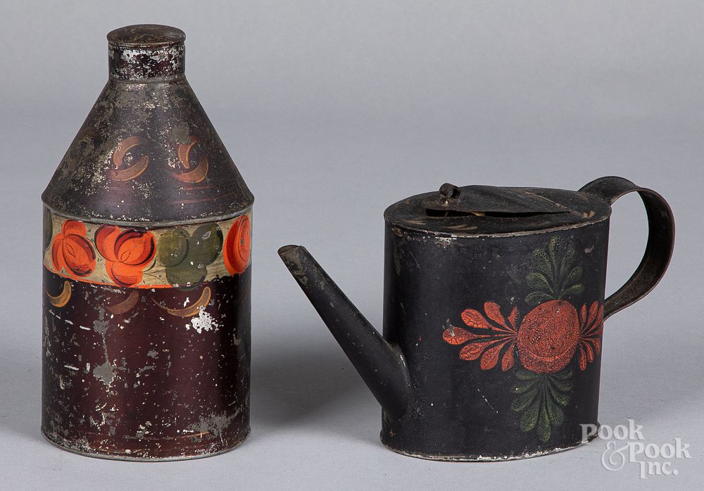 Appraisal: Toleware teapot and tea caddy th c Toleware teapot and