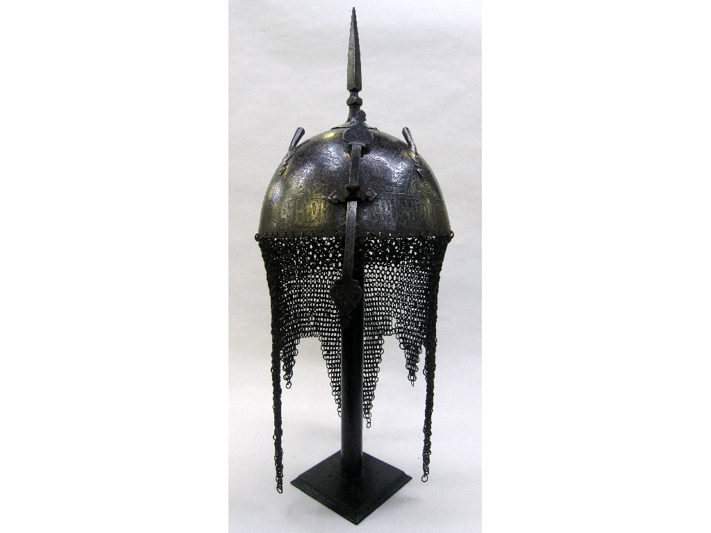 Appraisal: Indo-Persian steel Kula Khud with engraved decoration shaped finial sliding