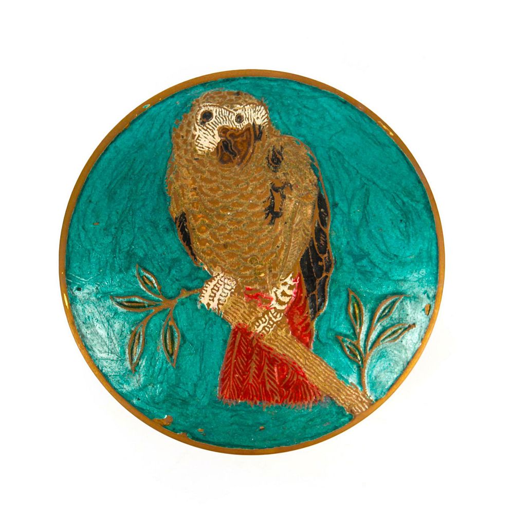 Appraisal: INDIAN BRASS TRINKET DISH WITH PAINTED PARROT LID Brass trinket