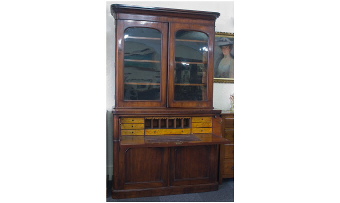 Appraisal: Victorian Mahogany Secretaire Bookcase With Moulded Frieze Above Glazed Doors