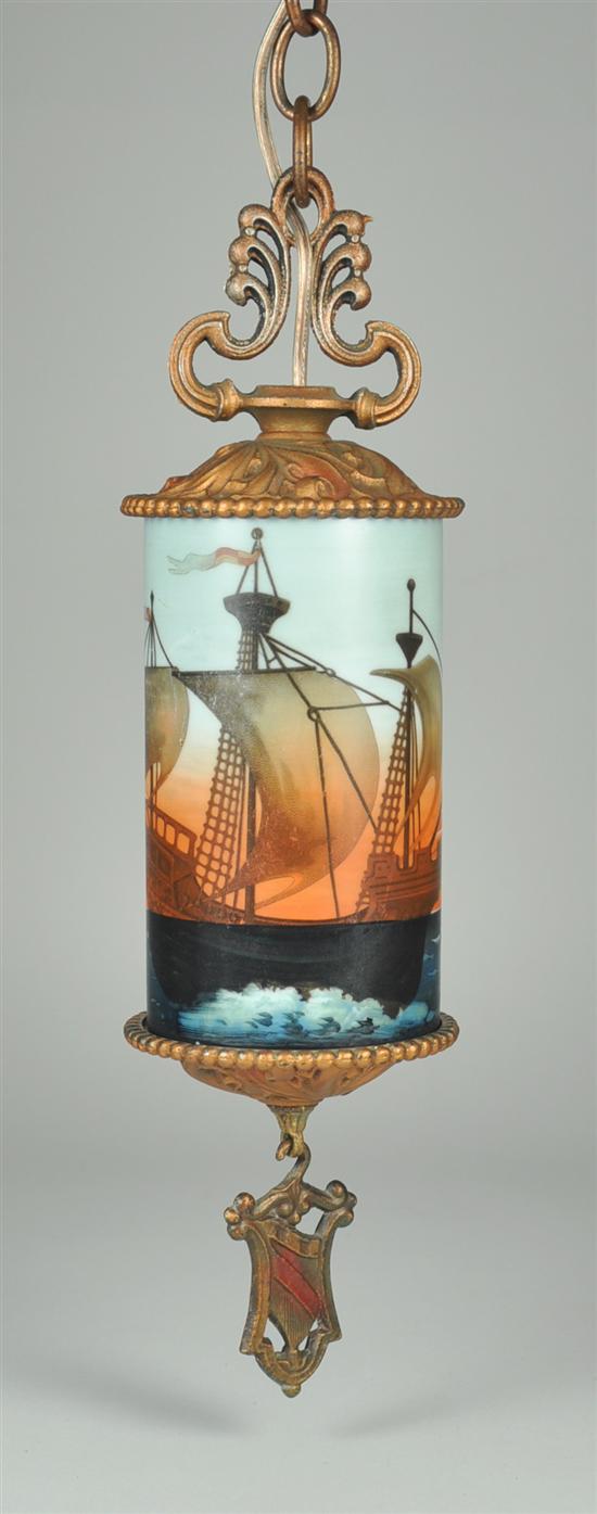 Appraisal: Hall Lantern Early th Century Painted Bristol glass shade with