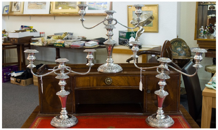 Appraisal: Set Of Three Silver On Copper Candelabra Each Having Three