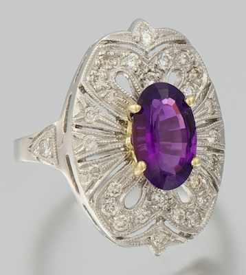 Appraisal: A Ladies' Platinum Diamond and Amethyst Ring Platinum ring with