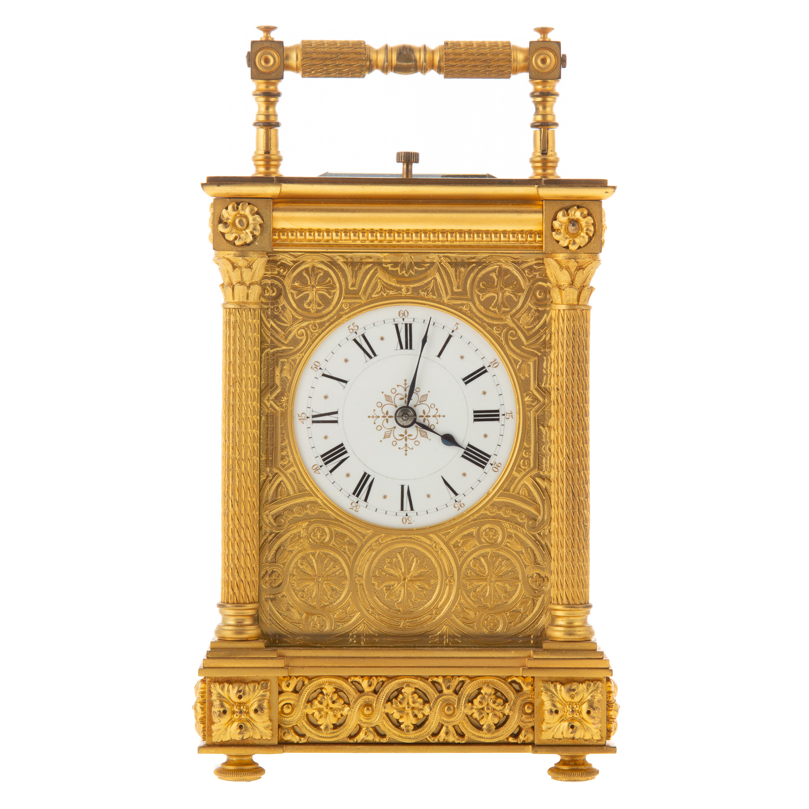 Appraisal: FRENCH GILT BRONZE CARRIAGE CLOCK Dated elaborate neo-classical style design