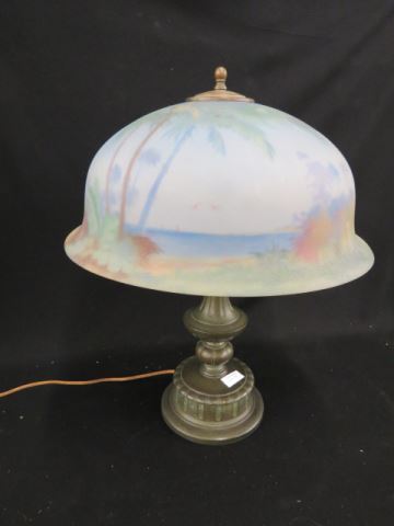 Appraisal: Pairpoint Reverse Painted Lamp palm tree and waterfront decor satin