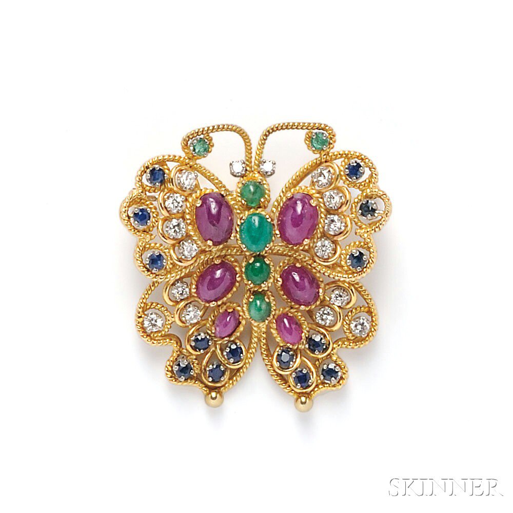 Appraisal: kt Gold Gem-set Butterfly Brooch set with cabochon rubies and