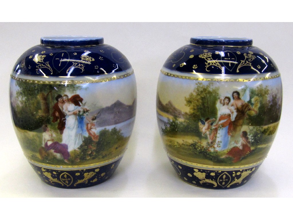 Appraisal: Pair of Vienna porcelain vases with handpainted classical scenes on