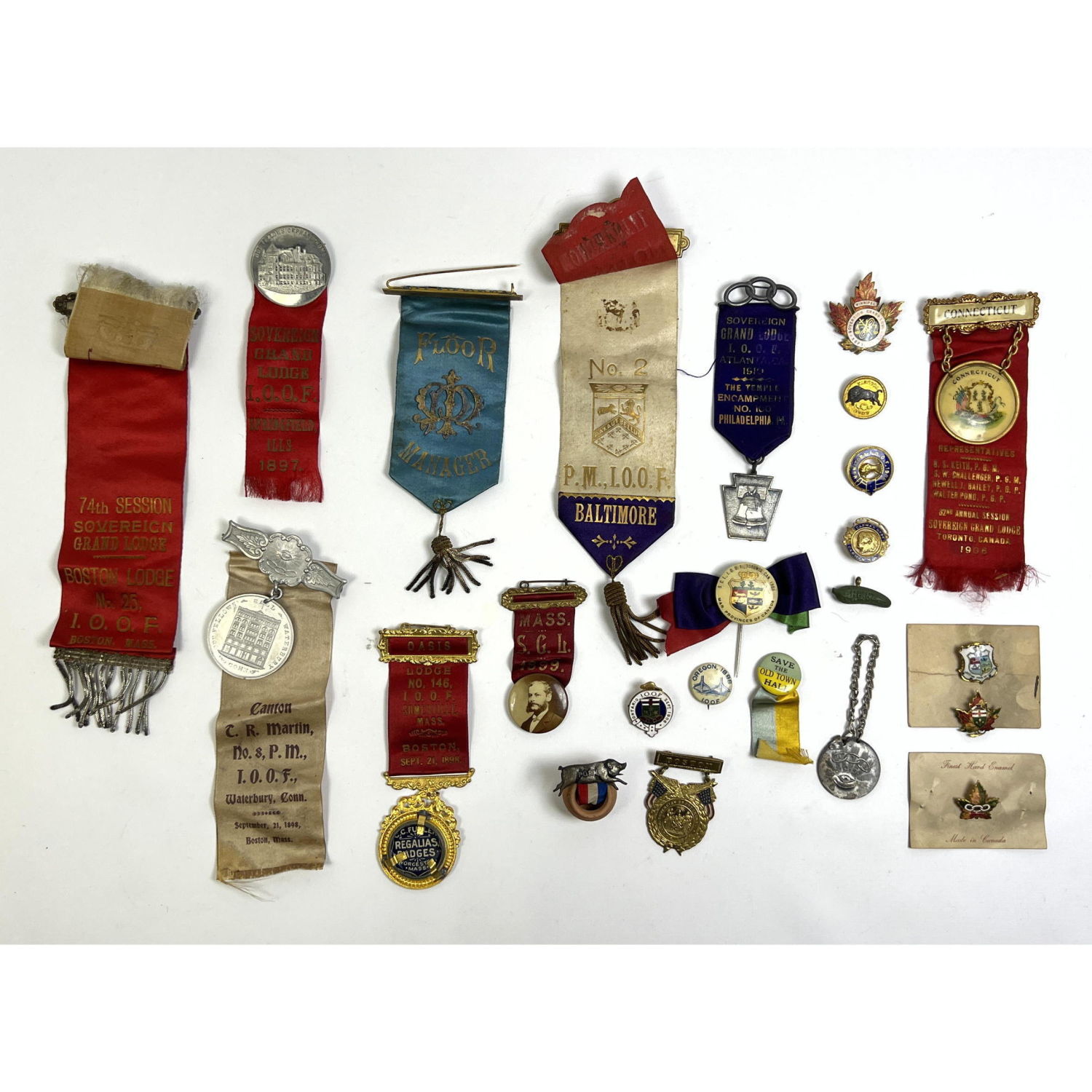 Appraisal: Lot Odd Fellows lodge badge and ribbons Boston from Odd