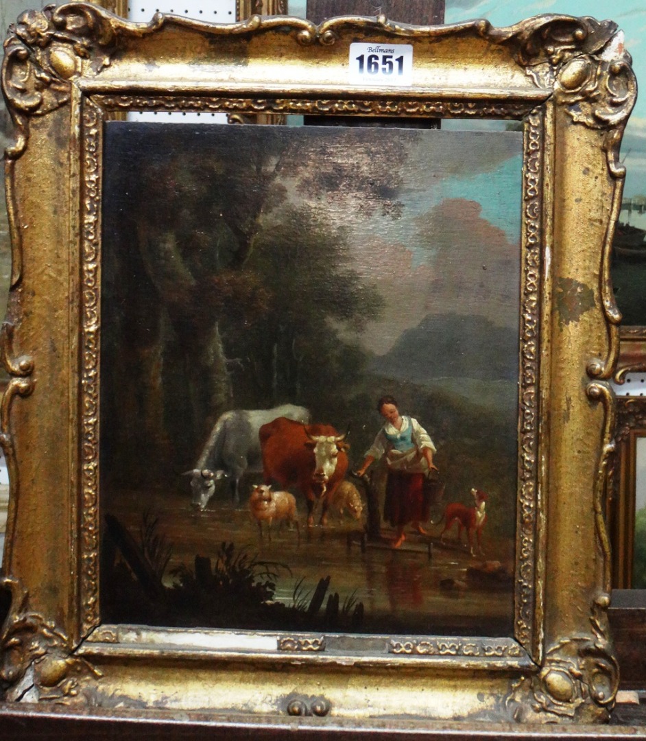 Appraisal: Manner of Dirck van Berghem River scene with milkmaid and