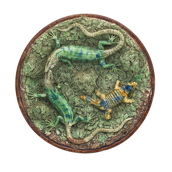 Appraisal: MANUEL MAFRA MAJOLICA PALISSYWARE PLATE Molded and applied lizards early