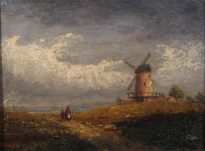 Appraisal: CONTINENTAL SCHOOL th century LANDSCAPE WITH FIGURES AND WINDMILL Oil