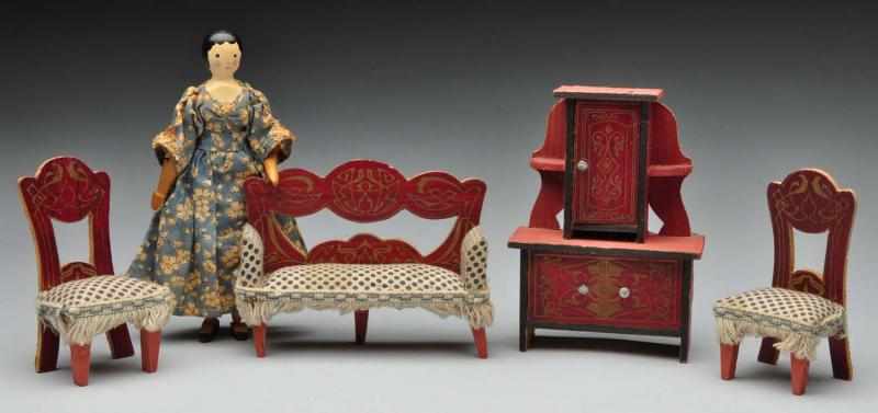 Appraisal: Doll House Furniture Tynietoy Doll Description Red wood parlor set