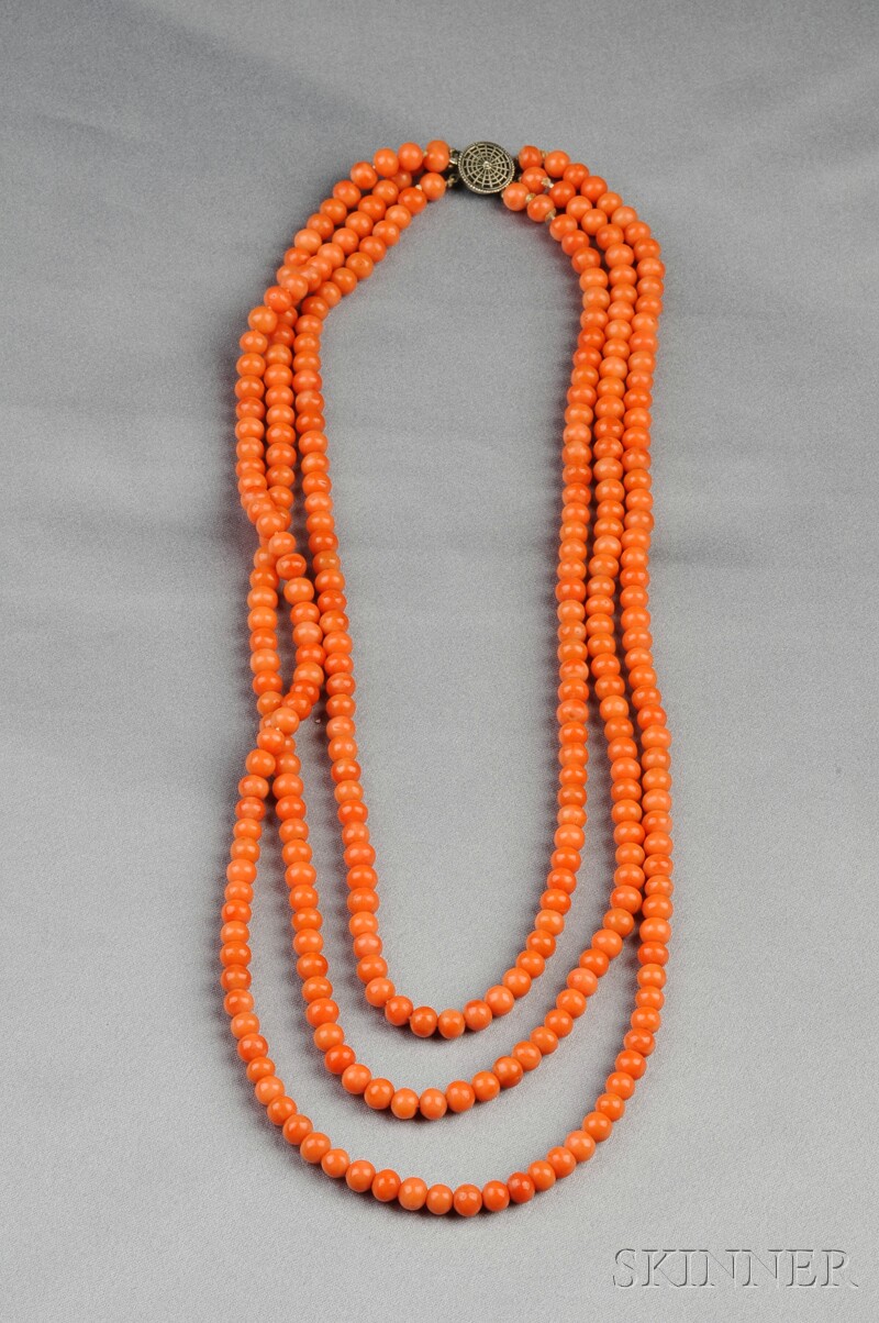 Appraisal: Coral Bead Necklace comprised of three strands of coral beads