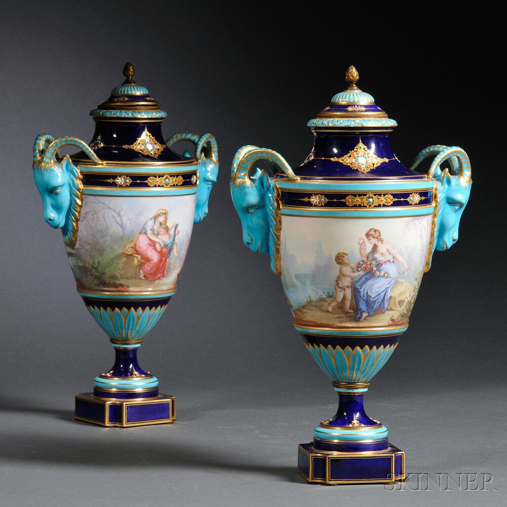 Appraisal: Pair of Jeweled Porcelain Hand-painted Vases and Covers France th