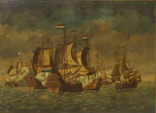 Appraisal: Framed oil on canvas painting Anglo-Dutch War Naval Battle signed