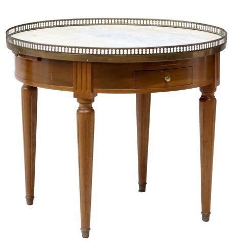 Appraisal: French Louis XVI style marble-top mahogany bouillotte table early th