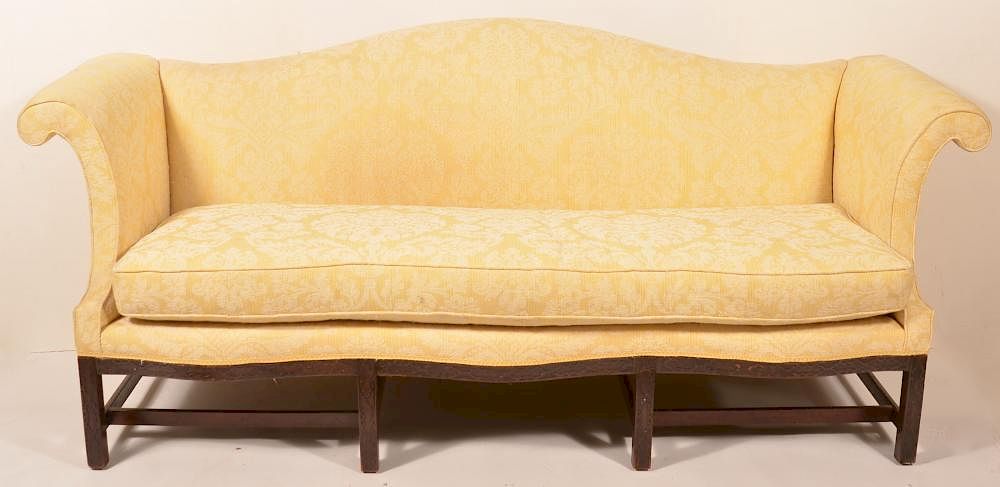 Appraisal: Chinese Chippendale Camel-back Sofa Chinese Chippendale Upholstered Camel-back Sofa Scrolled