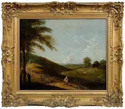 Appraisal: British Old Master painting Italianate pastoral landscape with figures on