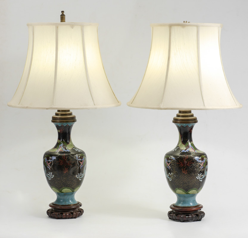 Appraisal: PAIR OF CLOISONNE DRAGON LAMPS Pair of vases mounted as