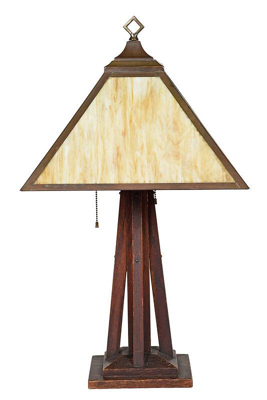 Appraisal: Arts and Crafts Slag Glass and Wood Table Lamp American