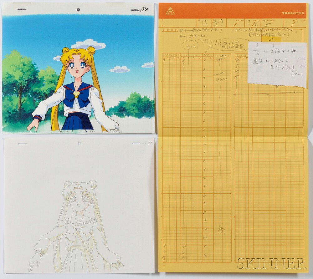 Appraisal: Japanese Anime Cel with background preliminary sketch and timing sheet