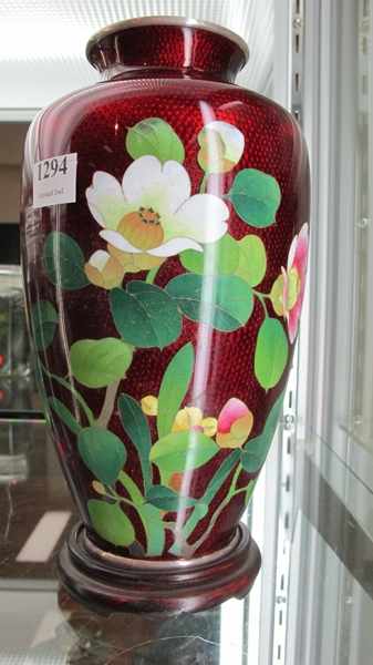 Appraisal: JAPANESE CLOISONNE PIGEON BLOOD FLORAL VASE ON BASE