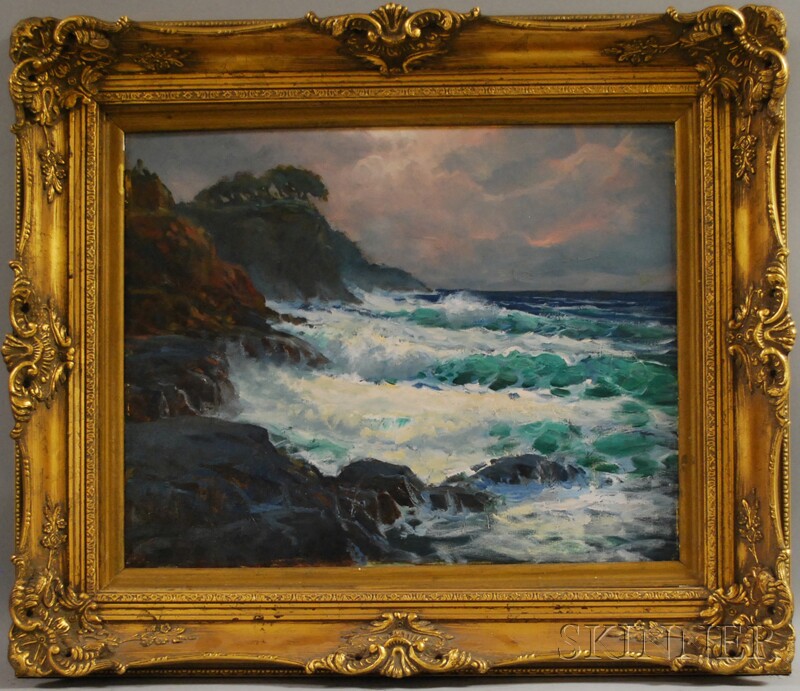 Appraisal: American School th Century Crashing Surf Below Cliffs Unsigned Oil