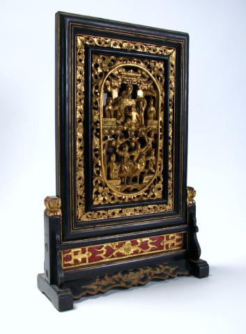 Appraisal: Oriental Relief -Carved Plaque with Stand depicting Oriental figures including