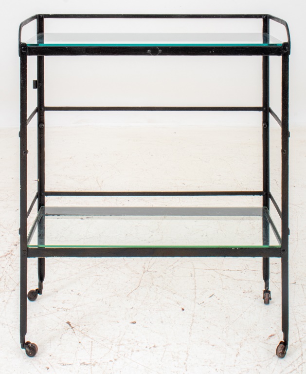 Appraisal: CAST IRON GLASS BAR CART Cast iron bar cart with