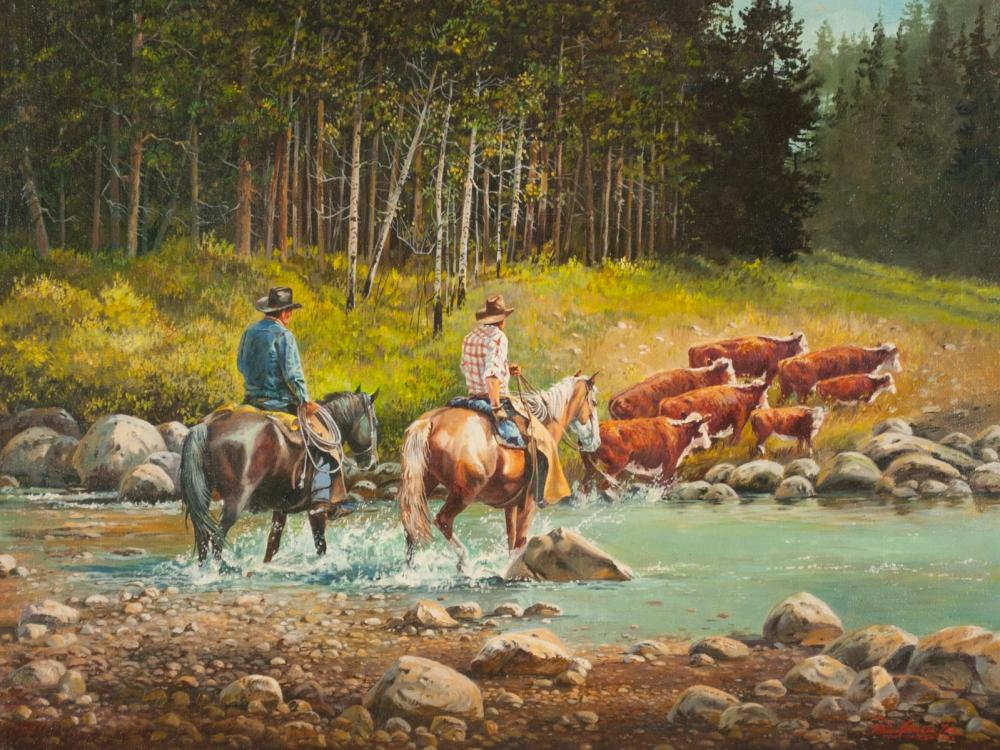 Appraisal: PAUL ABRAM JR Arizona Indiana - oil on canvas cowboys