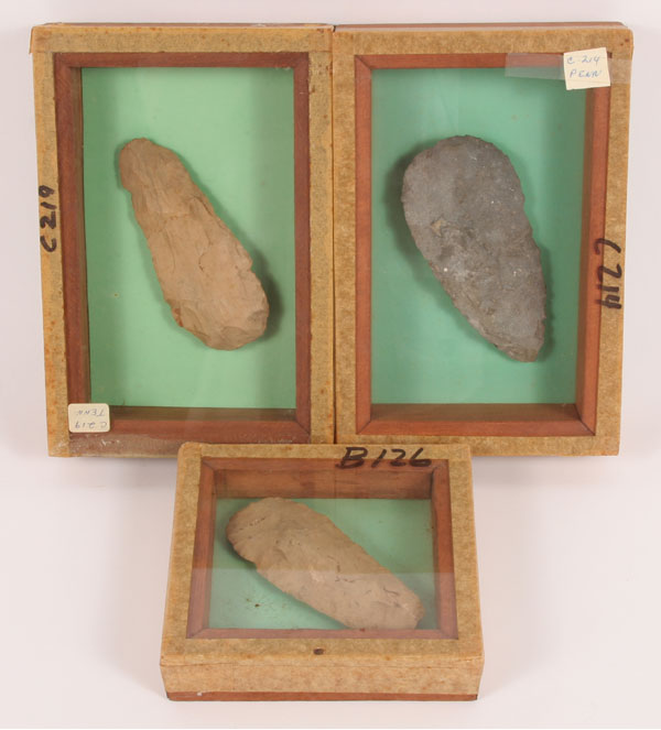 Appraisal: Three frames containing one flint celt each C McKees Rock