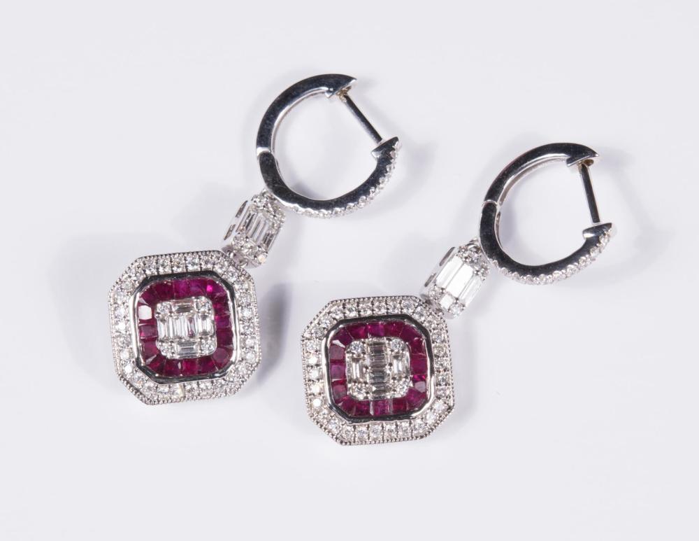 Appraisal: PAIR OF DIAMOND AND RUBY DANGLE EARRINGS each k white