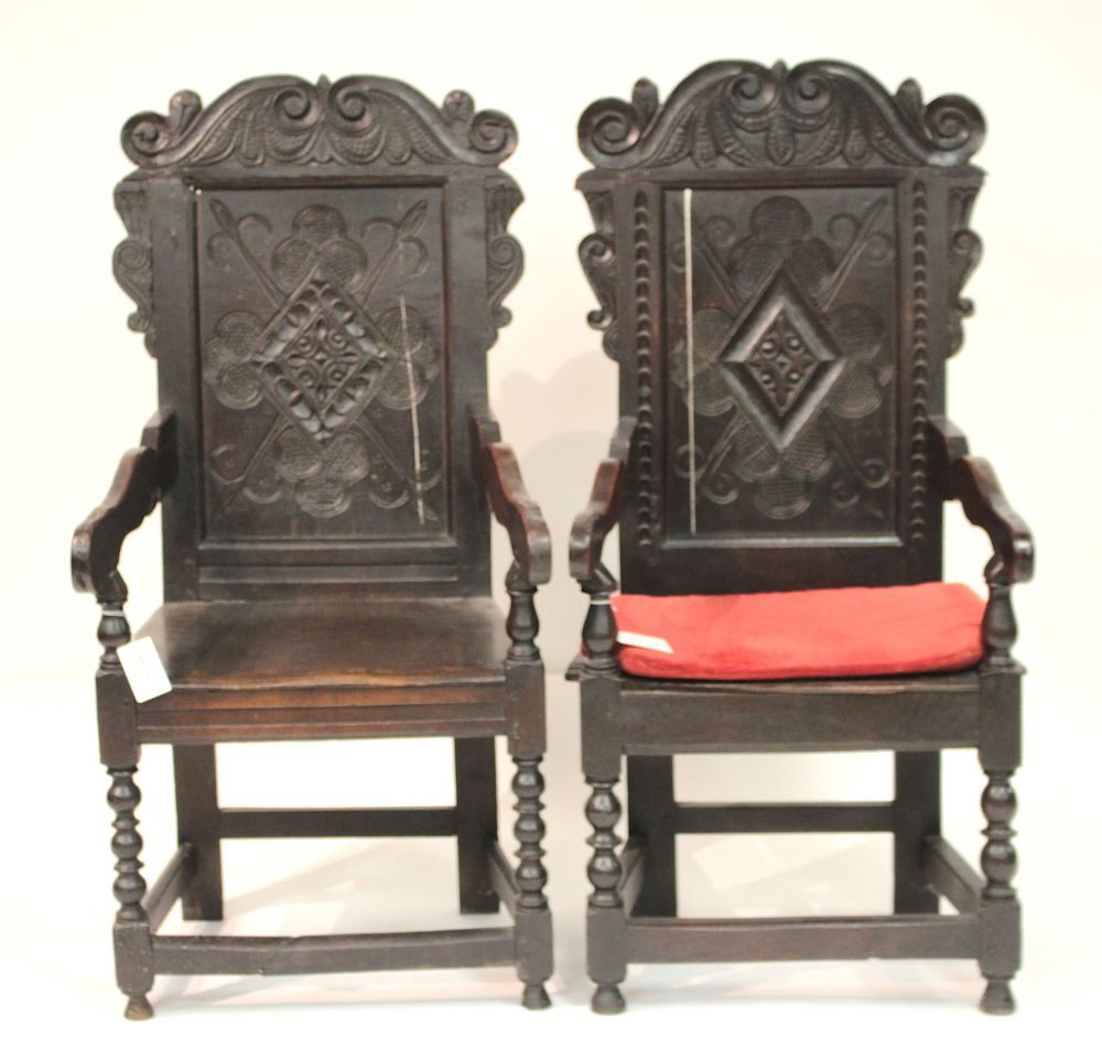 Appraisal: Matched Pair of English Oak Wainscott Armchairs Selections from the