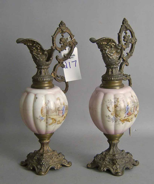 Appraisal: Pair of gilt metal and milk glass ewers h