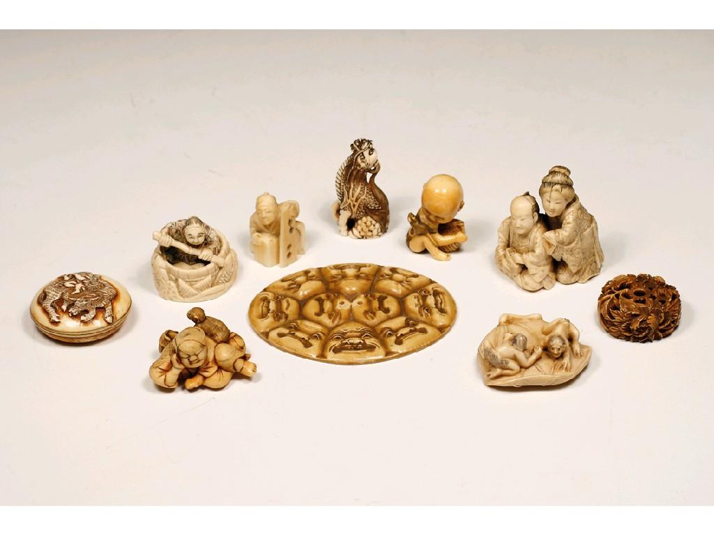 Appraisal: A COLLECTION OF TEN JAPANESE IVORY CARVINGS Seven figure studies