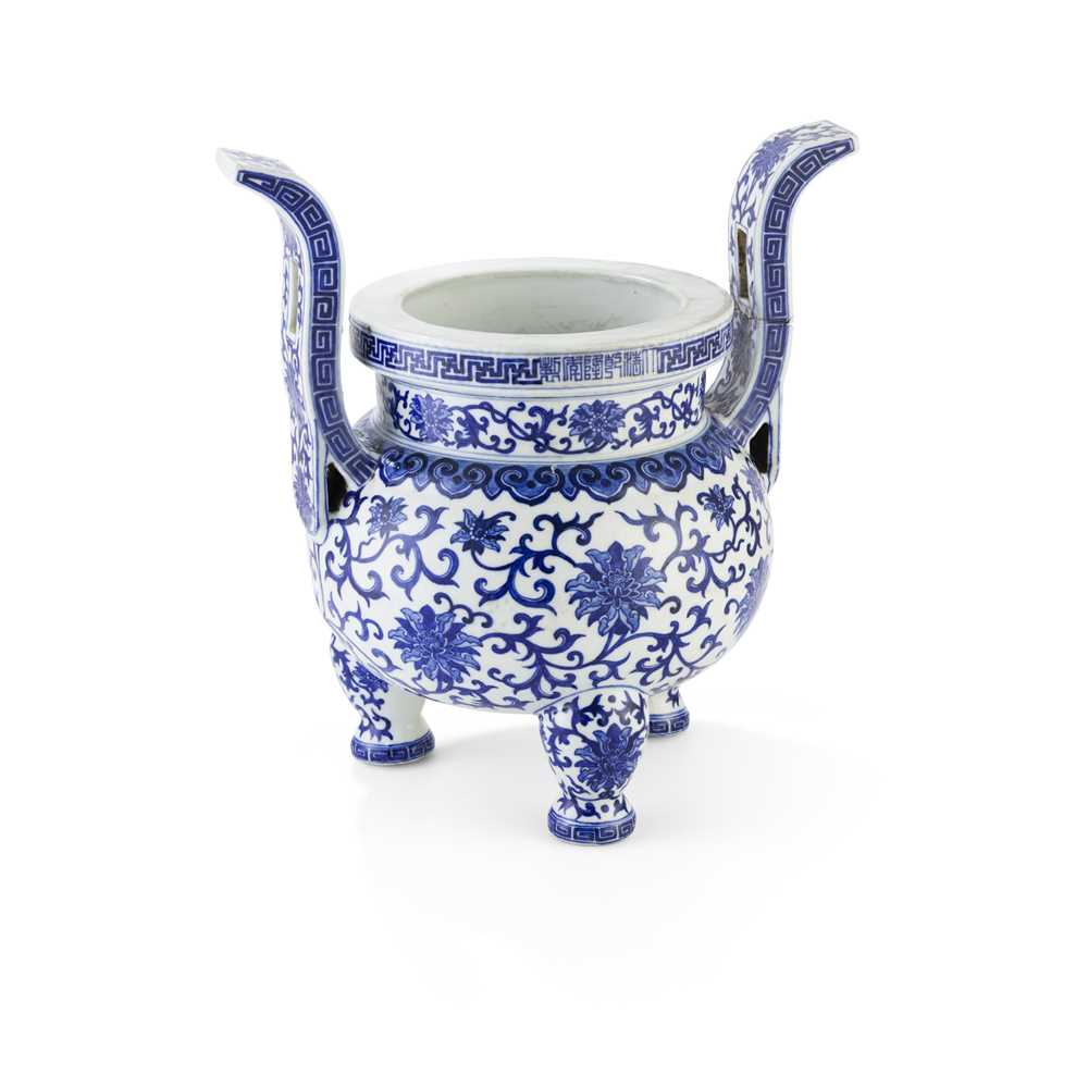 Appraisal: BLUE AND WHITE TRIPOD CENSER QING DYNASTY QIANLONG MARK BUT