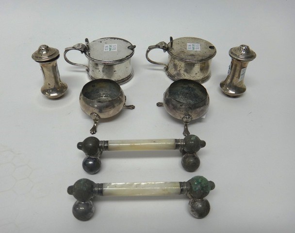 Appraisal: Silver condiments comprising a pair of cylindrical mustard pots having