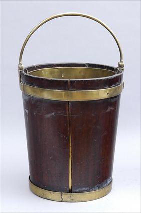 Appraisal: GEORGE III BRASS-BOUND MAHOGANY PEAT PAIL Cylindrical tapered bowl with