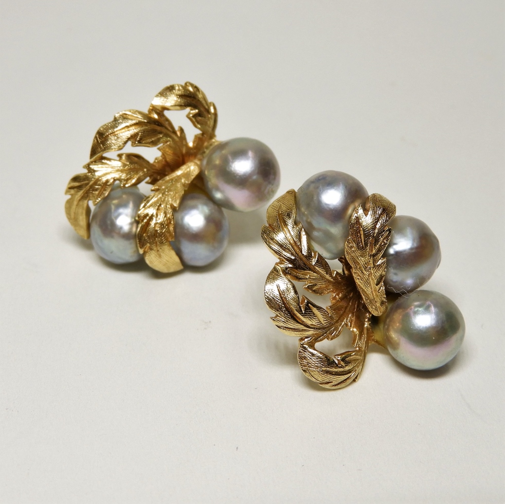 Appraisal: K GOLD SILVERY BAROQUE PEARL LEAF EARRINGS Unknown th CenturyFour