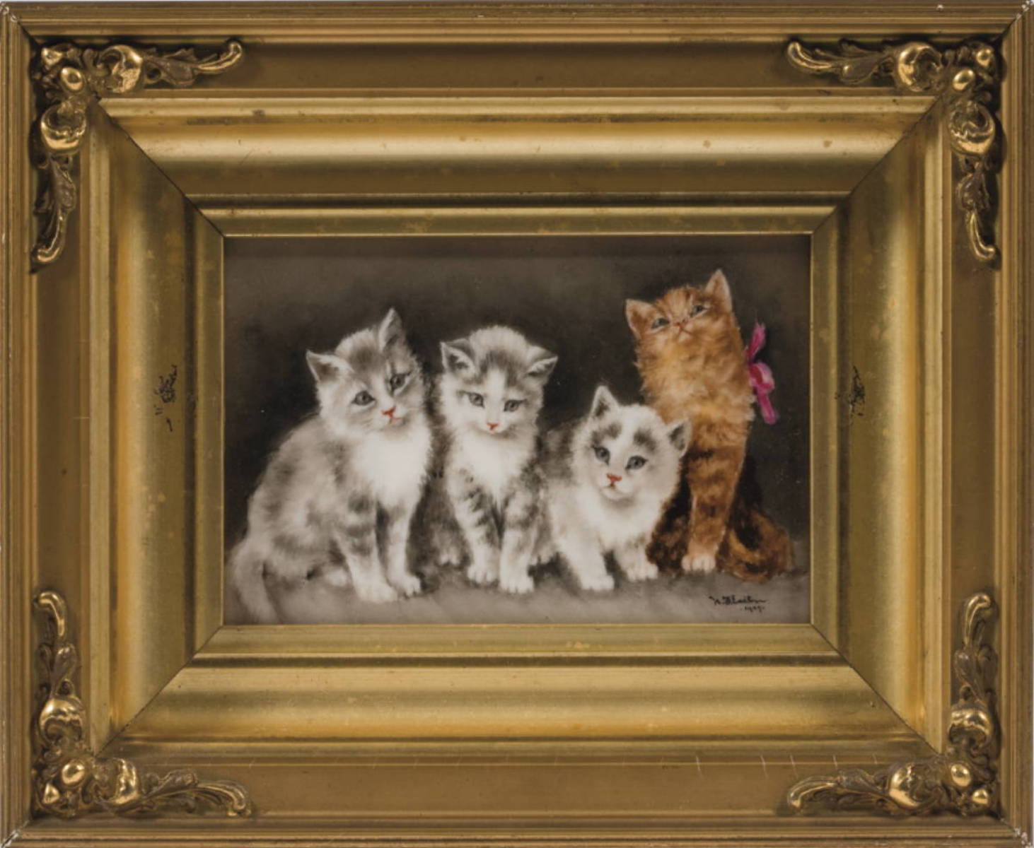 Appraisal: FRAMED HANDPAINTED PORCELAIN PLAQUE DEPICTING FOUR KITTENS DATED Signed quot