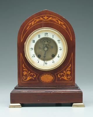 Appraisal: Inlaid mahogany key wind shelf clock brass feet open escapement