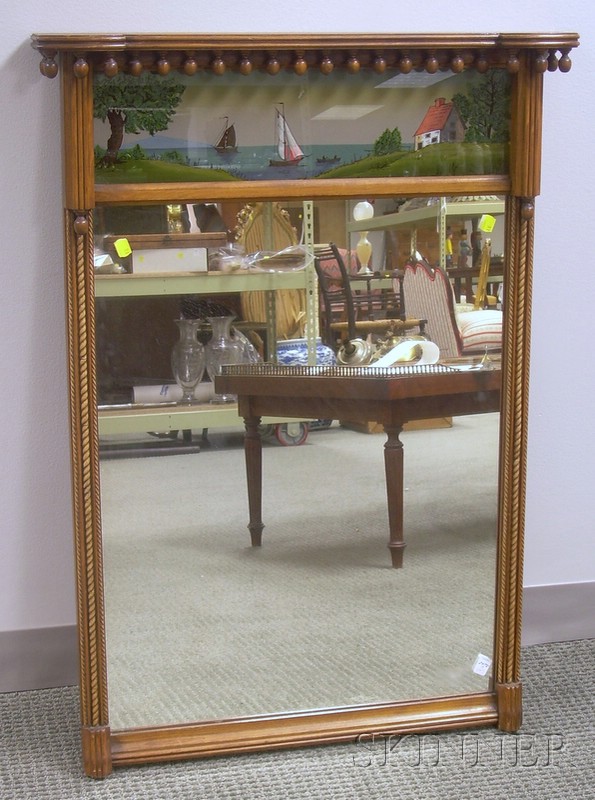 Appraisal: Federal-style Maple Tabernacle Mirror with Reverse-painted Glass Tablet Depicting a