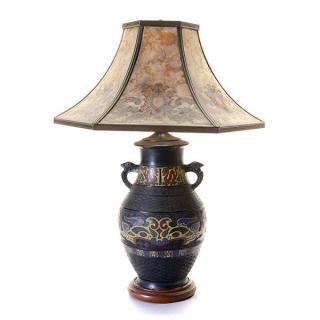 Appraisal: Champlev Lamp With Stenciled Mica Shade In The Style Of