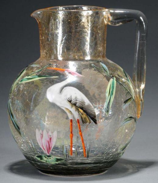 Appraisal: Moser Crackle Glass Enameled Pitcher Description Circa Condition Very Good