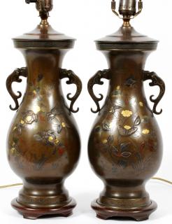 Appraisal: JAPANESE BRONZE GOLD ONLAID TABLE LAMPS TH C JAPANESE BRONZE